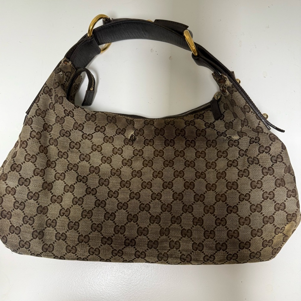 Gucci Brown Monogram Shoulder Bag with Gold Hardware